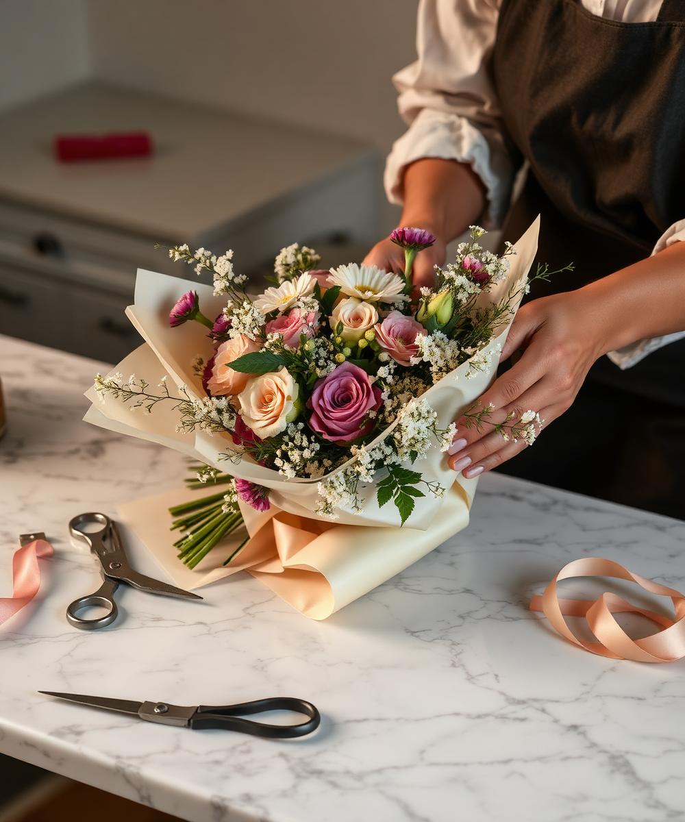 Florist wrapping a bouquet