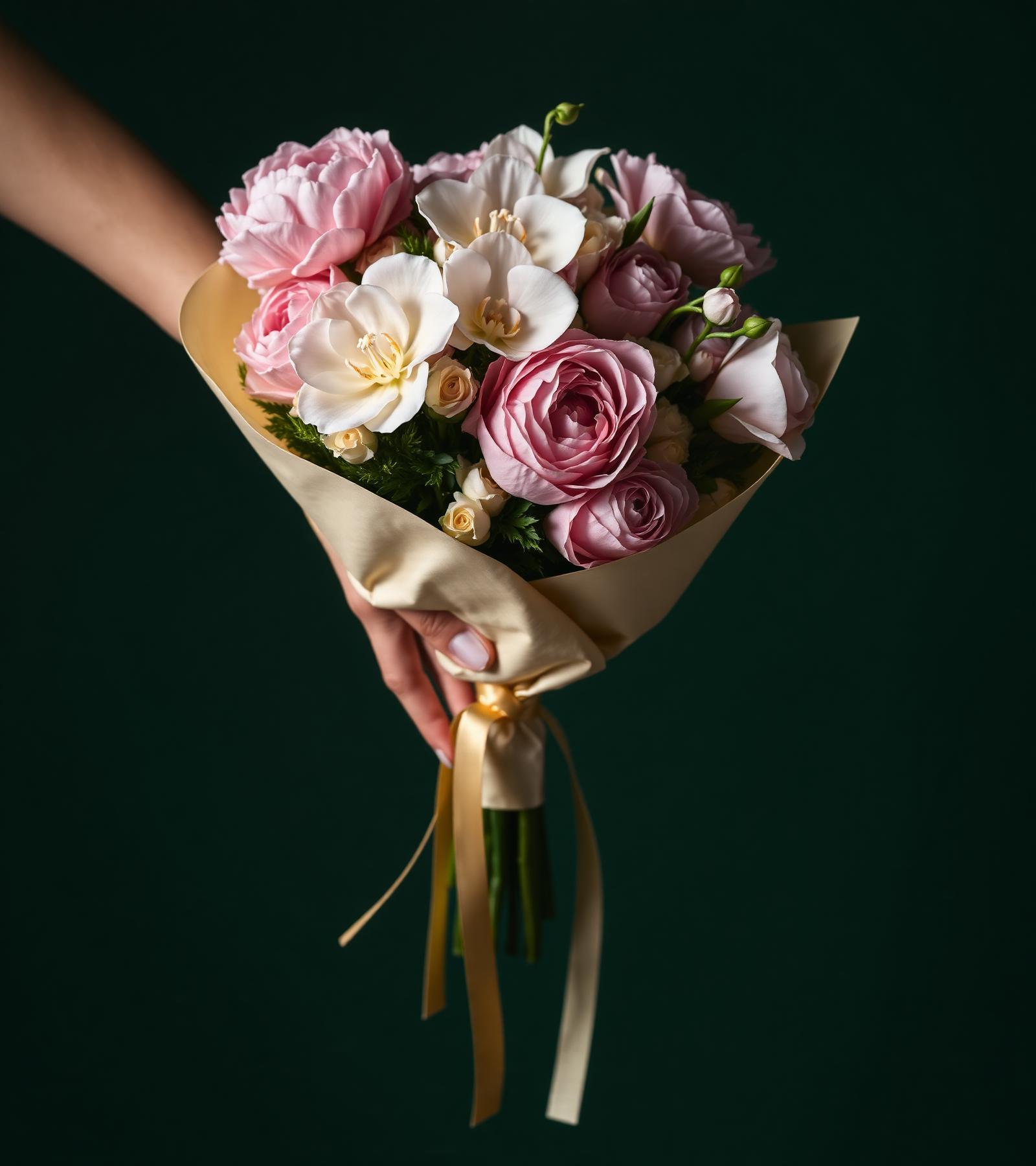 Handcrafted bouquet of peonies, orchids, and cream roses wrapped in gold ribbon